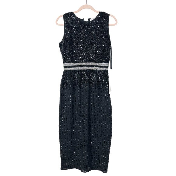 NWT Mac Duggal Sleeveless High Neck Beaded Midi Sheath Dress Black 4 #9829 - Picture 3 of 8